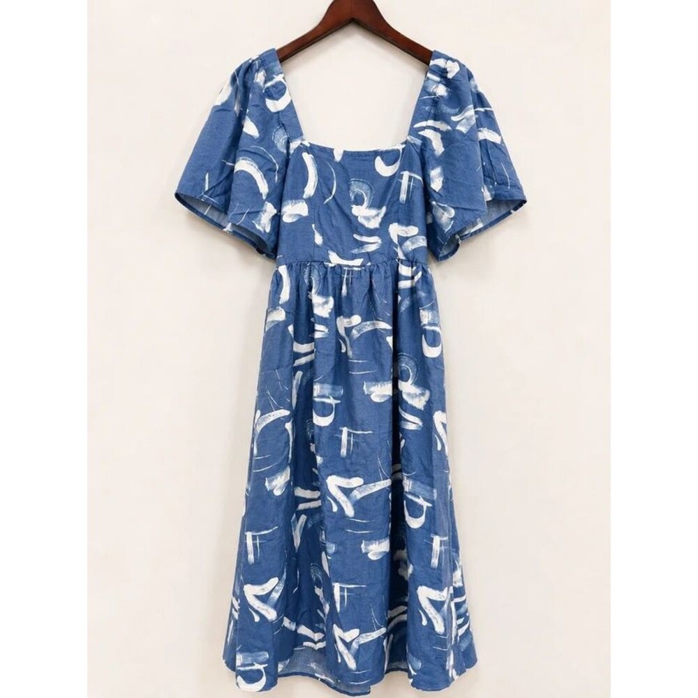 A New Day Blue Abstract Print Tie Back Midi Dress Puff Sleeve-Small